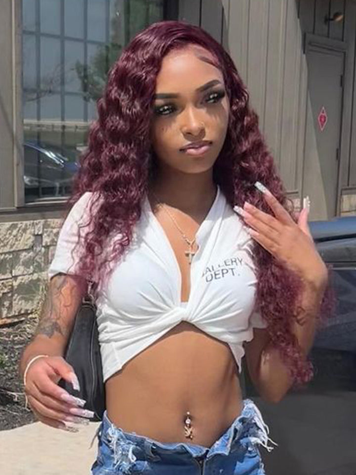 CurlyMe 99J Burgundy Color Water Wave Hair 13x4 Lace Front Wigs With Baby Hair