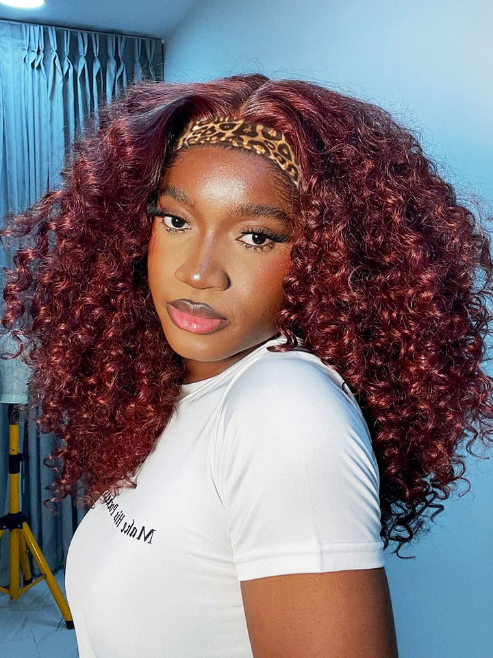 CurlyMe Throw And Go 99J Burgundy Color Kinky Curly Headband Wig Glueless No Lace