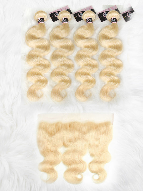 CurlyMe 613 Blonde Body Wave Human Hair 4 Bundles with 13x4 Lace Frontal