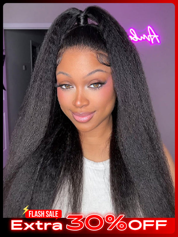 CurlyMe 360 Fit Wig Pre-Bleached Kinky Straight Human Hair Pre-Cut 360 Lace Wear Go Glueless Wig Pre-Plucked