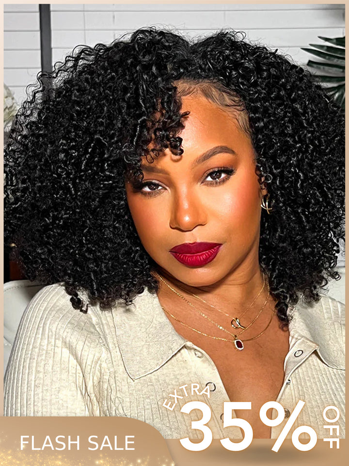 CurlyMe V Part Glueless No Leave Out Afro Kinky Curly Human Hair Wig Pre-plucked Beginner Friendly
