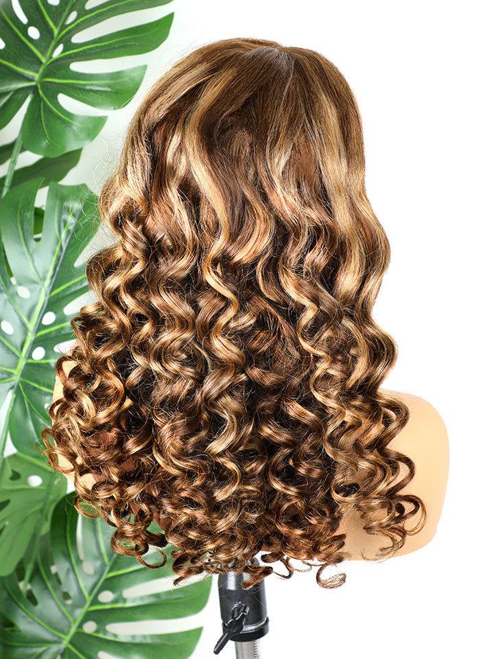 CurlyMe Highlights Ombre 7x5 Swiss Lace Wear Go Wand Curl Glueless Wigs Pre Cut Lace Wig