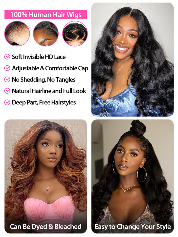 CurlyMe Pre-bleached Body Wave Hair 13x4 Swiss HD Lace/Transparent Lace Front Wigs Pre Plucked