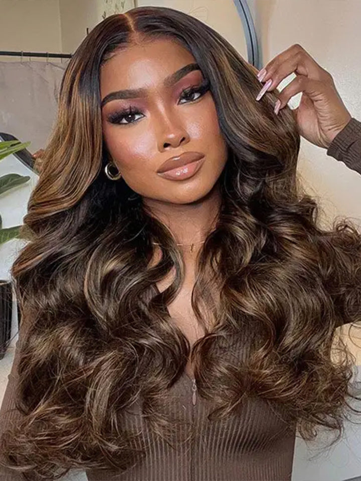 CurlyMe Highlight Balayage Color Body Wave 9x6 T Part Glueless Wig Pre-cut Lace Wear Go Wig