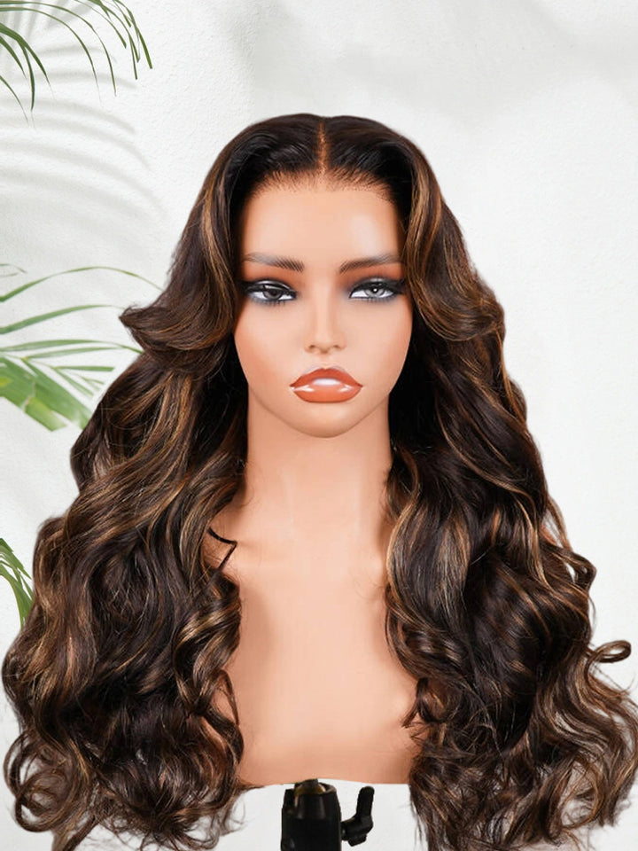 CurlyMe Highlight Balayage Color Body Wave 9x6 T Part Glueless Wig Pre-cut Lace Wear Go Wig
