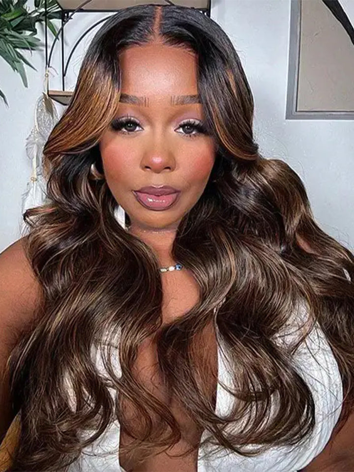 CurlyMe Highlight Balayage Color Body Wave 9x6 T Part Glueless Wig Pre-cut Lace Wear Go Wig