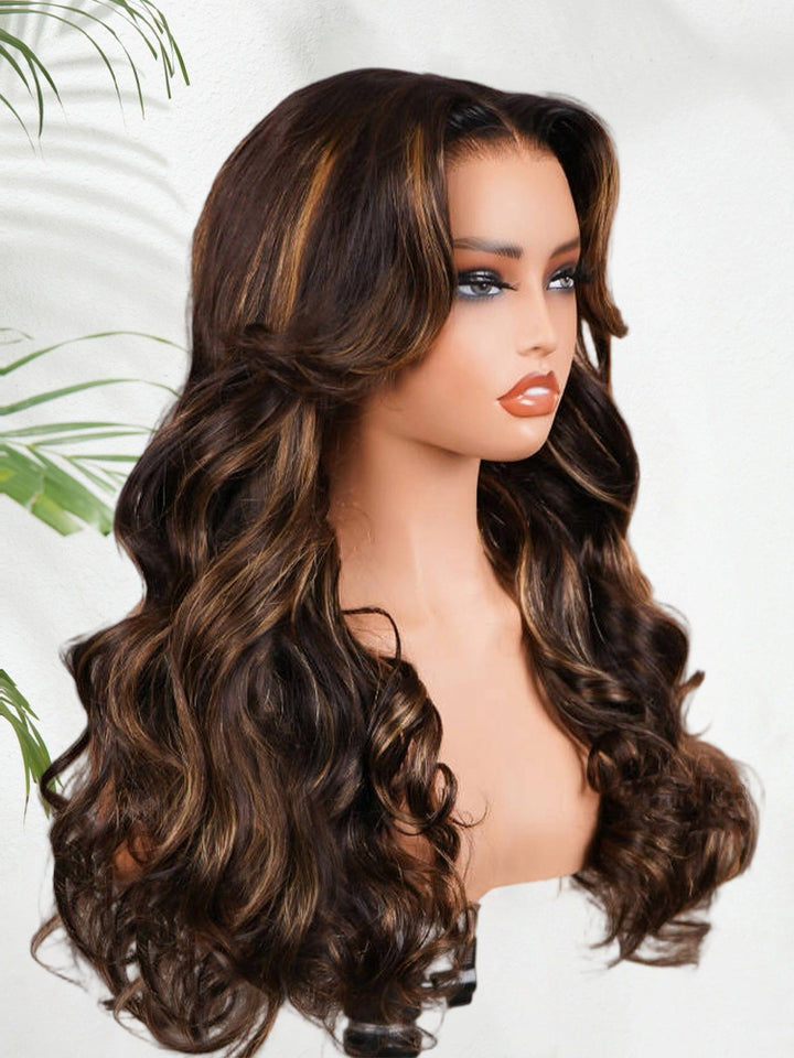 CurlyMe Highlight Balayage Color Body Wave 9x6 T Part Glueless Wig Pre-cut Lace Wear Go Wig