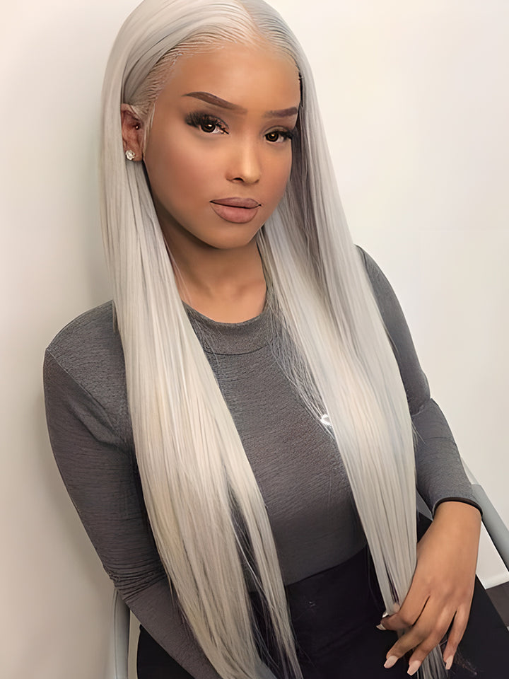 CurlyMe Ash Gray Straight Human Hair 13x4 Lace Front Wigs Silver Hair Colored Lace Wigs