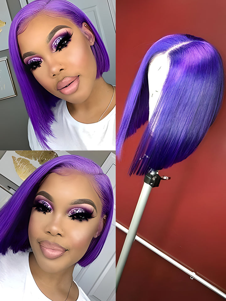 CurlyMe Attractive Purple Straight Hair 13x4 Transparent Lace Front Bob Wigs