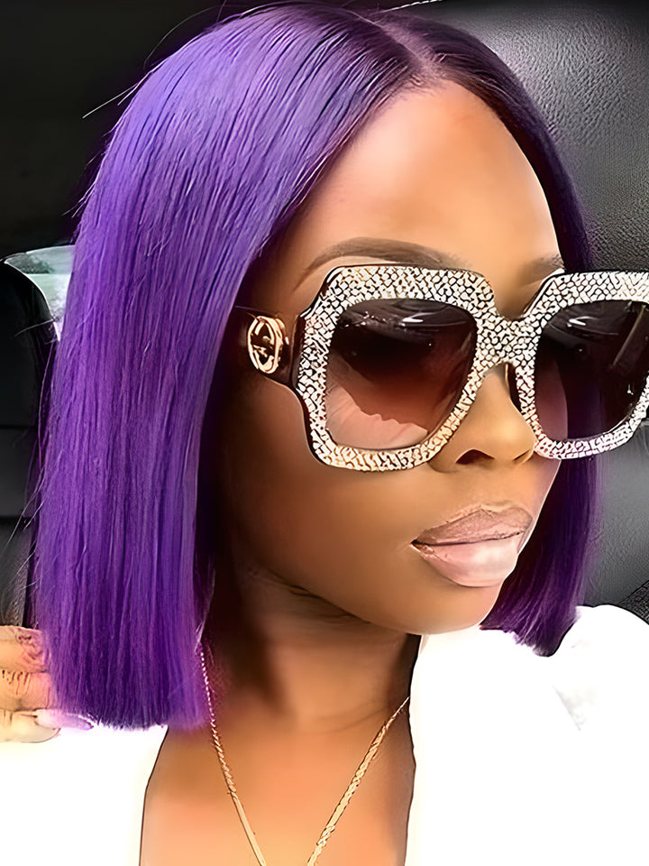 CurlyMe Attractive Purple Straight Hair 13x4 Transparent Lace Front Bob Wigs
