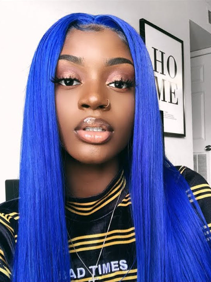 CurlyMe Blue Colour Hair Lace Front Wigs Pre Plucked Straight Human Hair