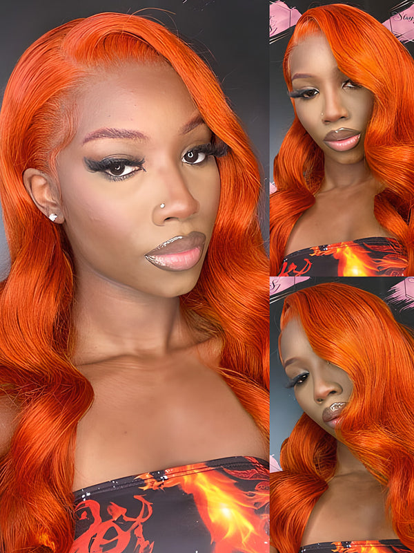 CurlyMe Bright Orange Body Wave Hair 13x4 Lace Front Wigs Colored Hair