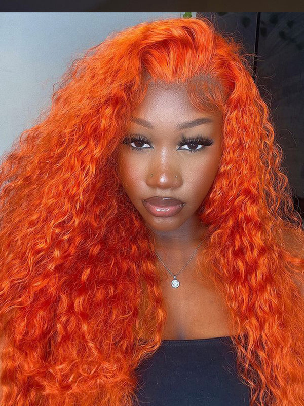 CurlyMe Bright Orange Water Wave Hair 13x4 Lace Front Wigs Pre Plucked