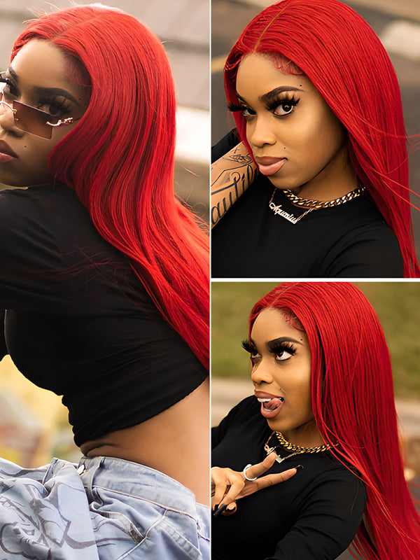 CurlyMe Bright Red Colored Straight Hair Lace Front Wigs Pre Plucked Hairline