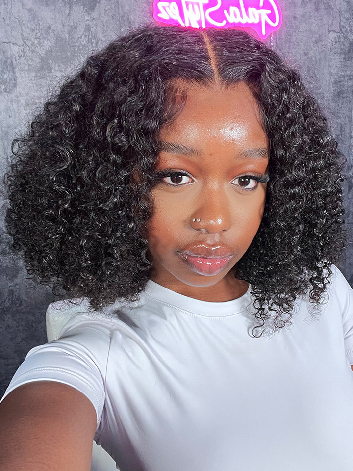 CurlyMe Pre-cut 9x6 HD Lace M-cap Wear Go Glueless Mini Knots Kinky Curly Hair Bob Wig Pre-plucked