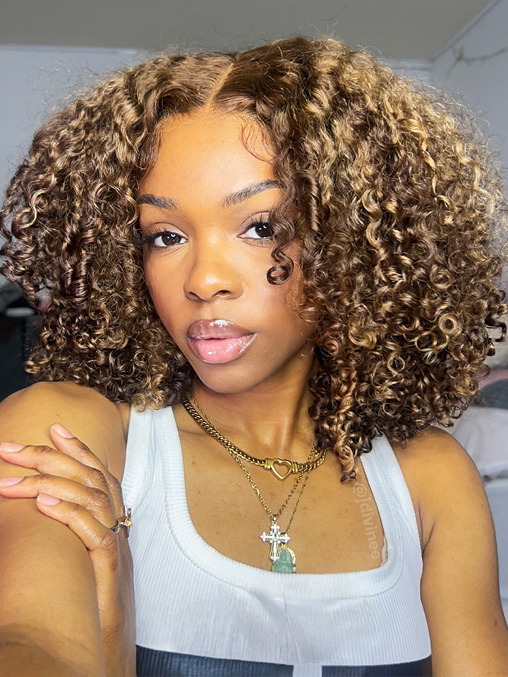 CurlyMe Highlights Ombre Kinky Curly Glueless Bob Wig Wear Go 7x5 Pre Cut HD Lace Wig