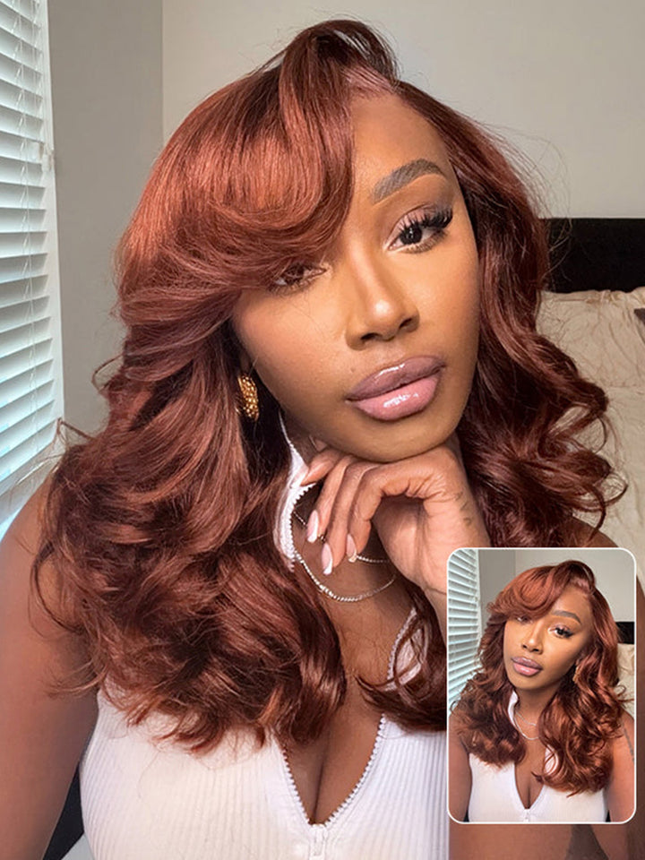 CurlyMe Copper Brown Body Wave Wear Go Glueless 7x5 Lace Wigs Human Hair Wigs