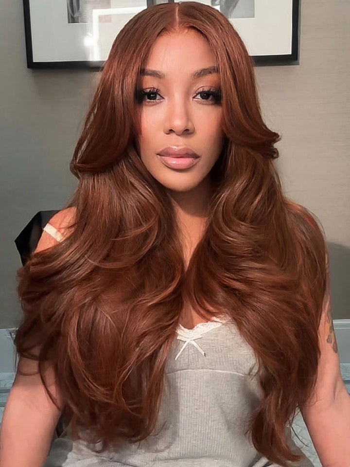 CurlyMe Copper Brown Body Wave Wear Go Glueless 7x5 Lace Wigs Human Hair Wigs