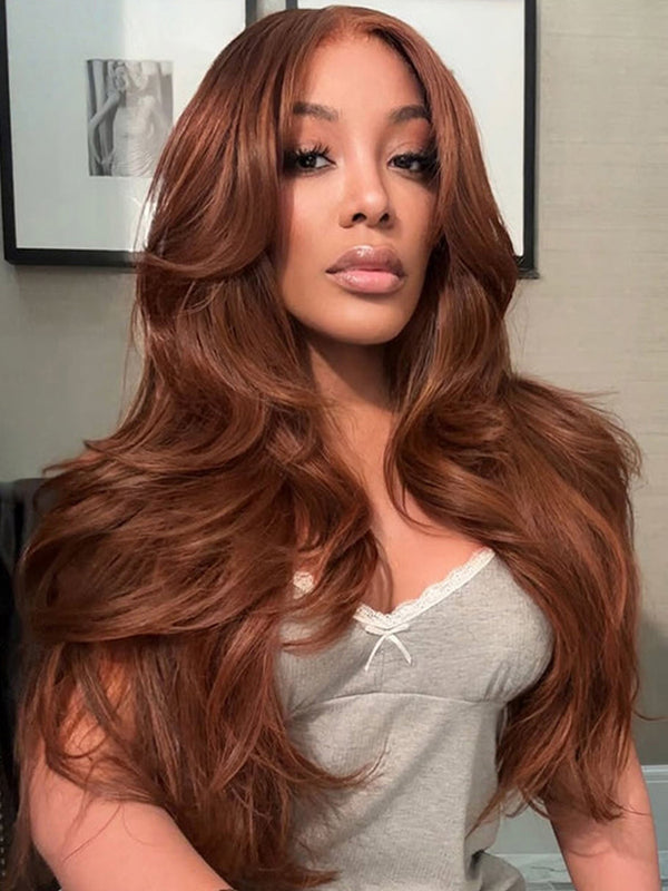 CurlyMe Copper Brown Body Wave Wear Go Glueless 7x5 Lace Wigs Human Hair Wigs