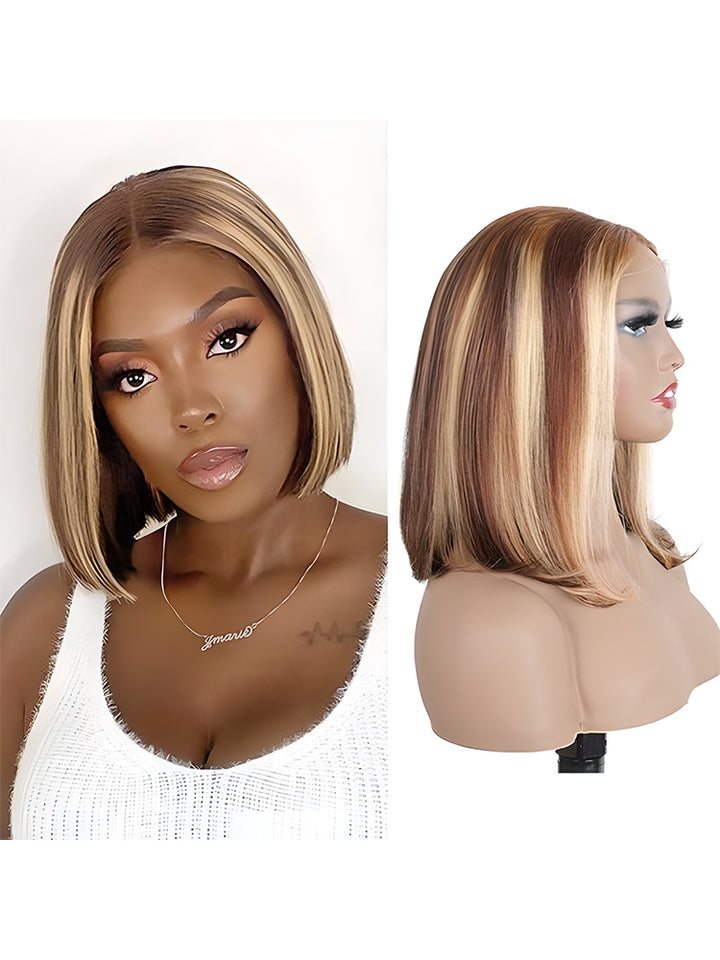 CurlyMe 4x4 Transparent Lace Highlights Ombre Straight Hair Bob Wigs Pre-plucked