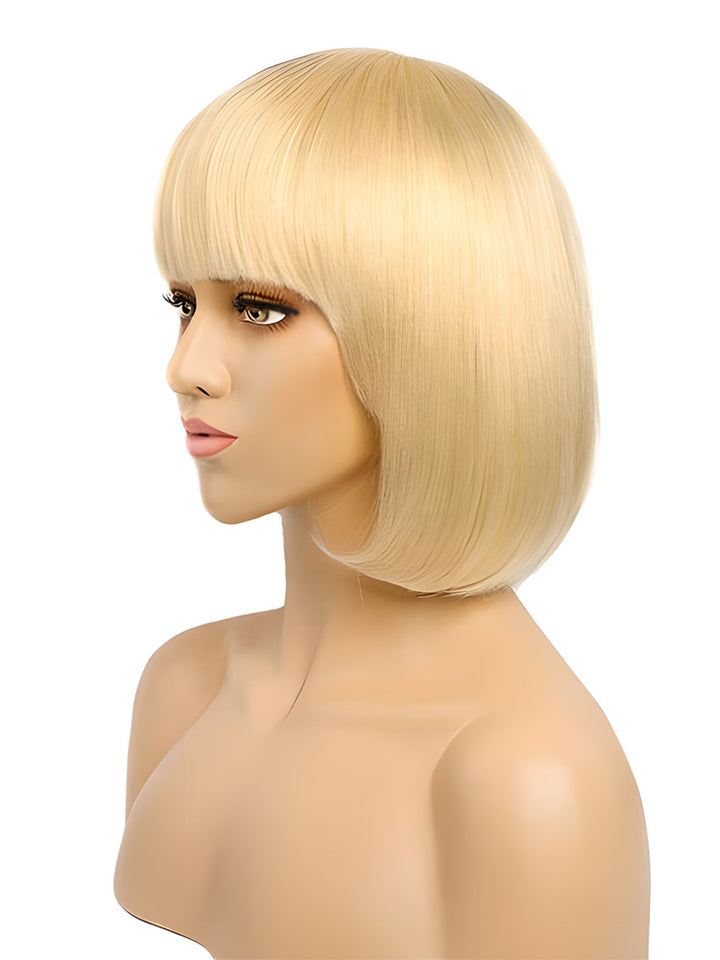 CurlyMe 613 Blonde Bob Wig With Bangs Straight No Lace Human Hair Wigs