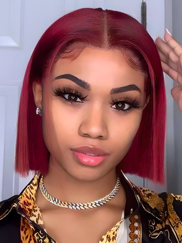 Bantu Knot Wig 99J Burgundy Color Bob Wigs Straight Short Cut Hair 13x4 Lace Front Wigs