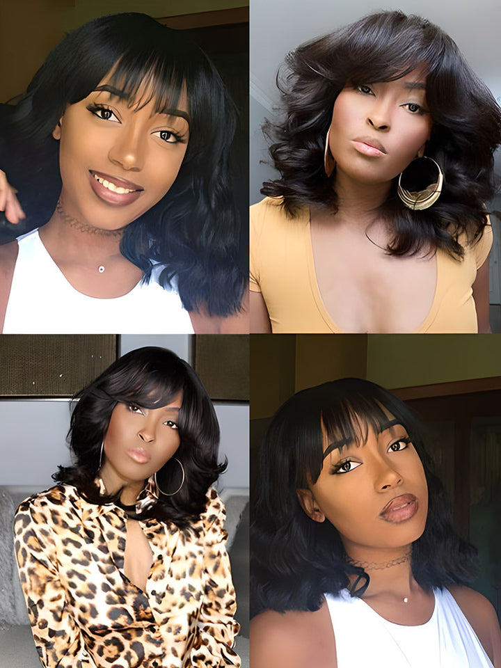 CurlyMe Body Wave Hair Non Lace Bob Wigs Full Machine Made Wigs With Bangs