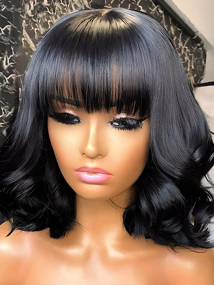 CurlyMe Body Wave Hair Non Lace Bob Wigs Full Machine Made Wigs With Bangs