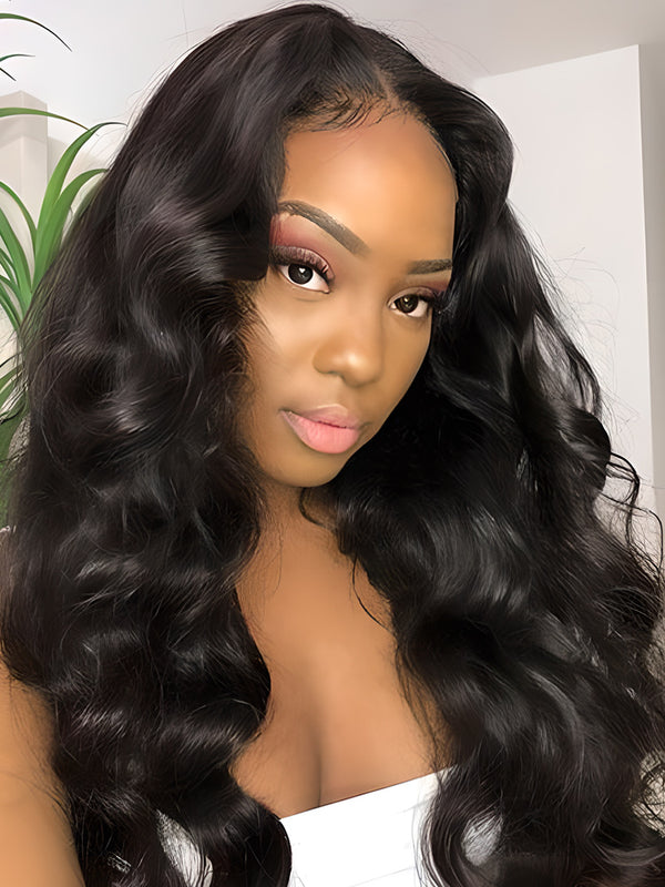 CurlyMe Body Wave Natural Black Human Hair T part Lace Front Wigs With Natural Hairline