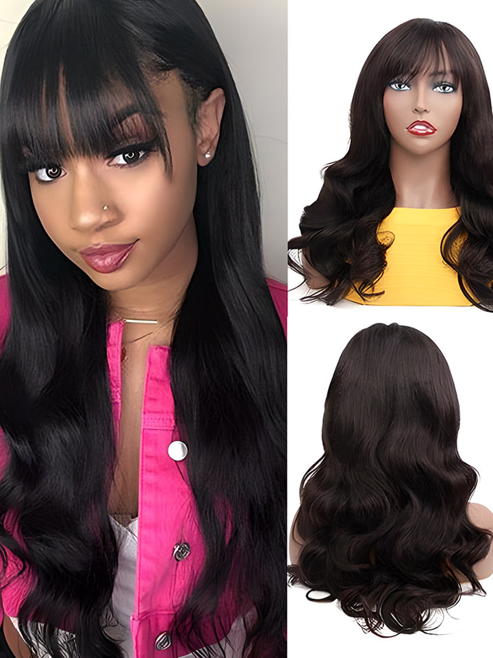CurlyMe Body Wave Non Lace Wigs Full Machine Made Wigs With Bangs Virgin Hair
