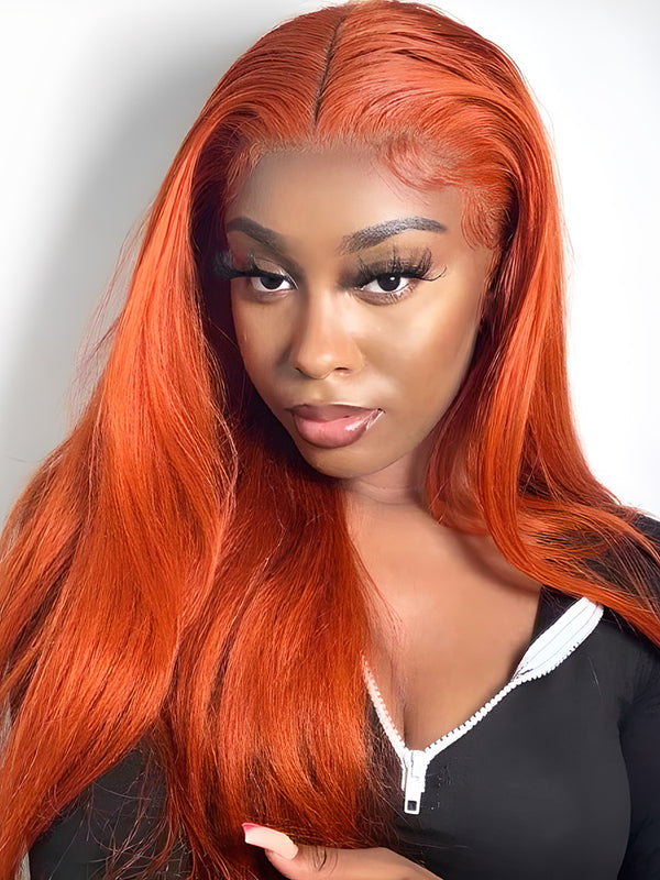 CurlyMe Bright Orange Straight Hair 13x4 Lace Front Wigs Remy Hair
