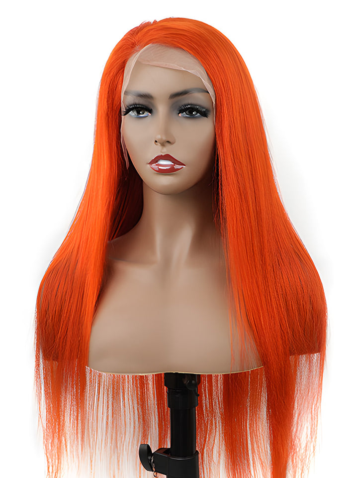 CurlyMe Bright Orange Straight Hair 13x4 Lace Front Wigs Remy Hair