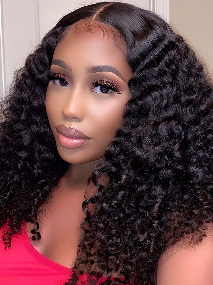 CurlyMe Deep Wave Black Curly Lace Closure Wig Pre Plucked Swiss Lace Curly Hair