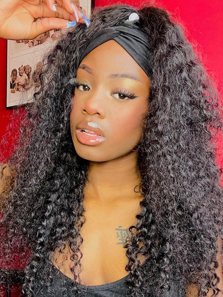 CurlyMe Deep Wave Headband Wig Human Hair 180% Density Thick Non Lace Wigs