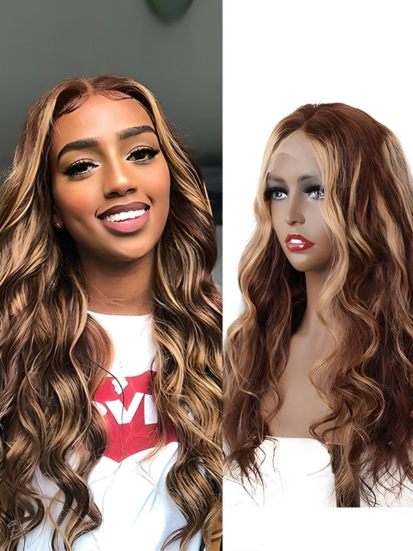 CurlyMe Highlights Ombre Human Hair Wigs Body Wave Transparent Lace Wigs Pre Plucked