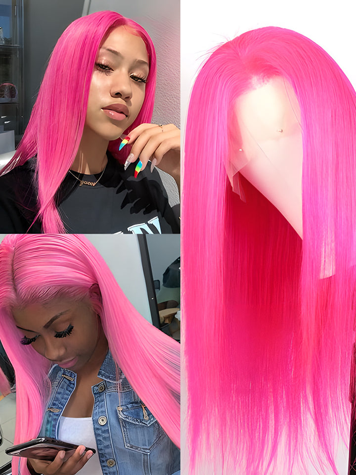 CurlyMe Hot Pink Colored Straight Human Hair 13x4 Lace Front Wigs Pre Plucked Hairline