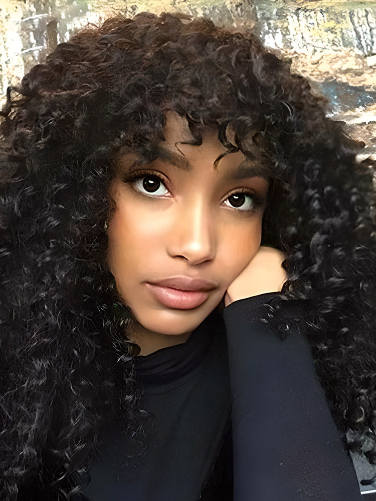 Kinky Curly No Lace Wigs Full Machine Made Ready To Ship Wigs With Bangs