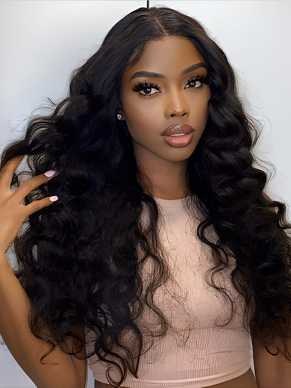 Loose Wave Black Curly 13x4 Swiss HD Lace Front Wigs Pré plumé avec des cheveux de bébé