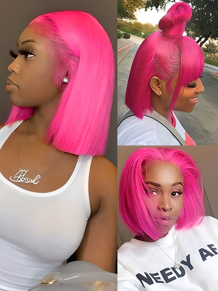 Sweet Pink Color Straight Hair Lace Front Bob Wigs - CurlyMe Hair