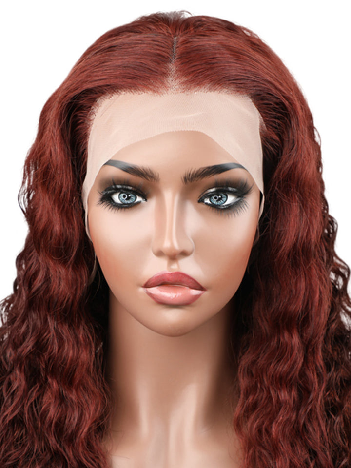 CurlyMe Reddish Brown Color Hair Deep Wave Lace Front Wigs Pre Plucked