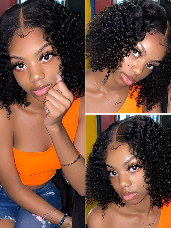 16 Inch Wig Short Cut Kinky Curly 4x4 Lace Closure Wigs