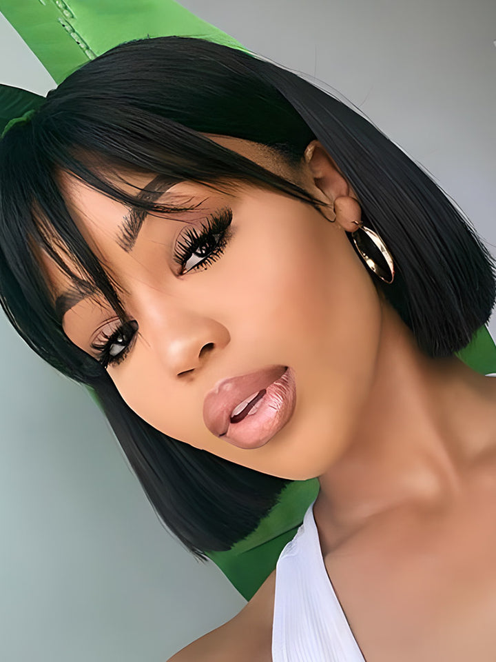 CurlyMe Silk Straight Hair Non Lace Glueless Bob Wig With Bangs