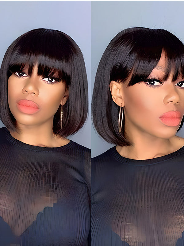 Afterpay Wigs Silk Straight Hair Non Lace Bob Wigs Full Machine Made Ready To Ship Wigs With Bangs
