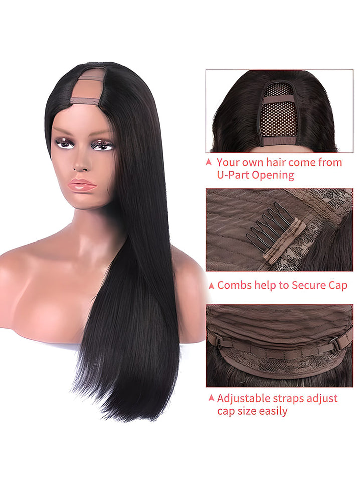 CurlyMe Straight Hair 180% Density U part Wig Affordable Machine Made Human Hair Wigs