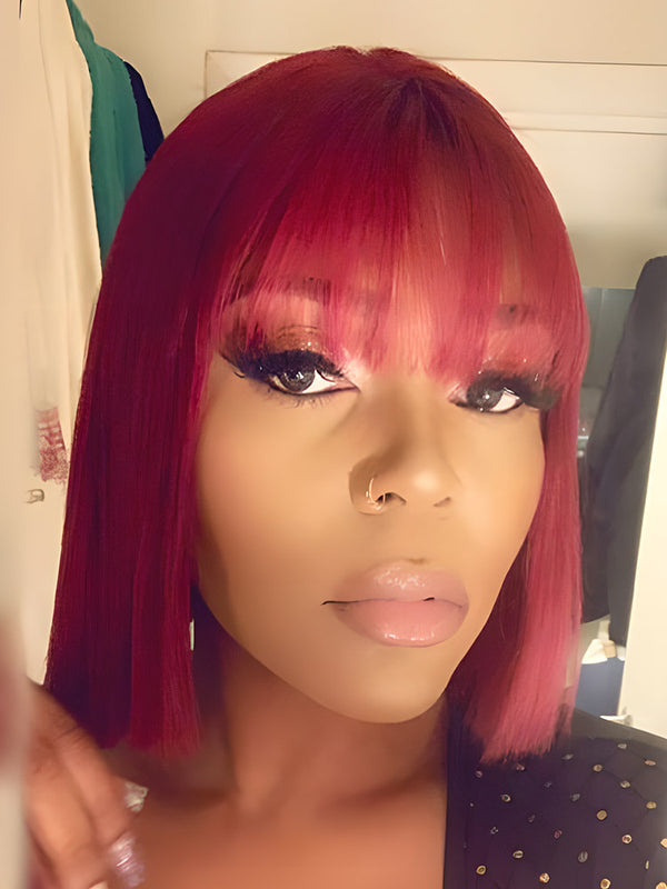 CurlyMe Straight Hair Bob Wigs With Bangs 99J Burgundy Color Wigs With Bangs No Lace No Glue