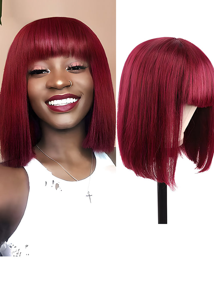 CurlyMe Straight Hair Bob Wigs With Bangs 99J Burgundy Color Wigs With Bangs No Lace No Glue