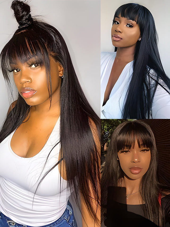 CurlyMe Straight Hair Non Lace Wigs Full Machine Made Wigs With Bangs Natural Black