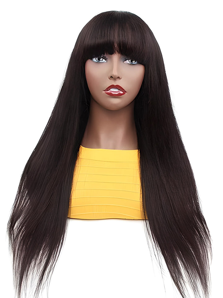 CurlyMe Straight Hair Non Lace Wigs Full Machine Made Wigs With Bangs Natural Black