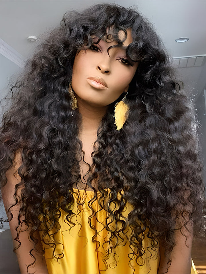 CurlyMe Water Wave Hair Non Lace Wigs Full Machine Made Wigs With Bangs For Women
