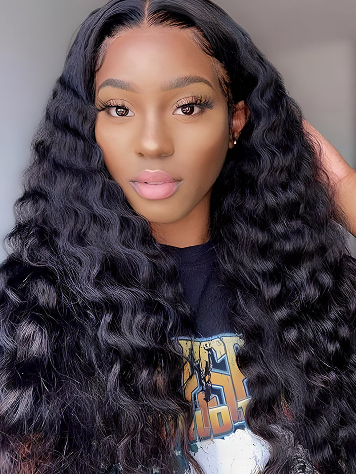 CurlyMe Water Wave Hair T part HD Lace Front Wigs Human Hair Natural Black